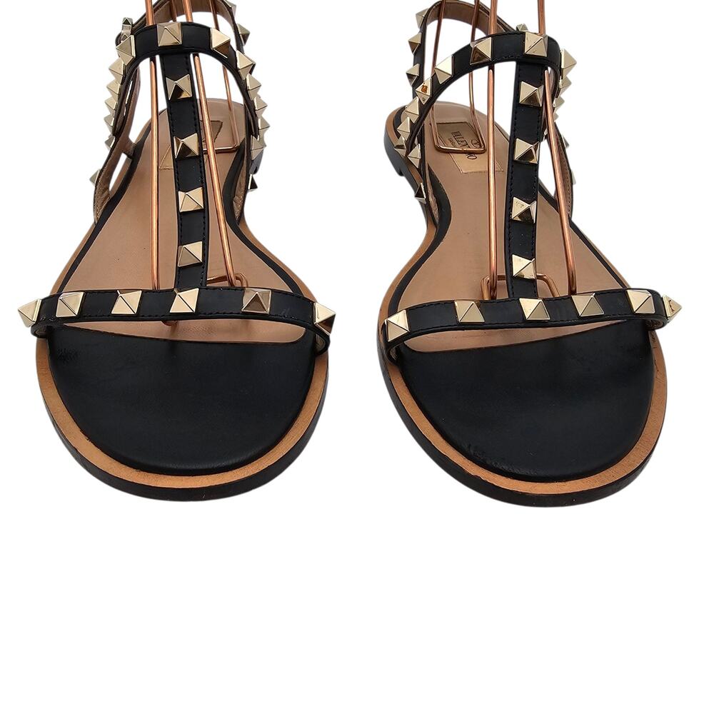 Valentino Garavani Rockstud Flat Sandal Strappy Black Leather Size 37.5 US 7.5 - Picture 4 of 12
